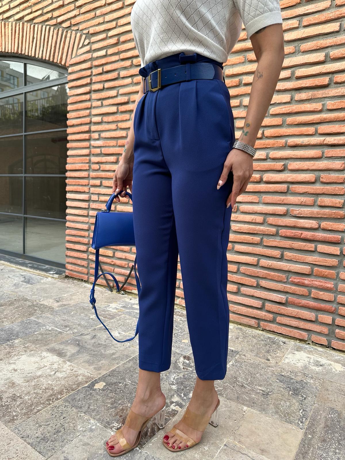 Yüksek Bel Kemerli Havuç Pantolon Saks 7488