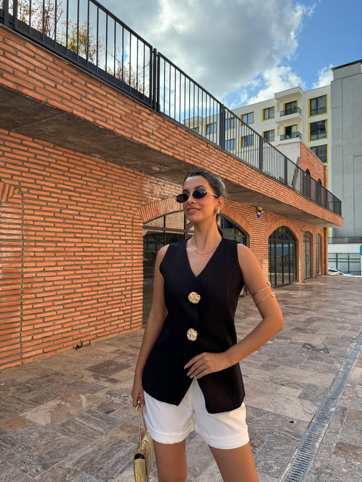 Zarina Gold Aksesuar Düğmeli Keten Siyah Yelek 070621163