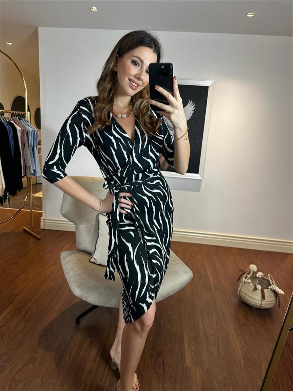 Zebra Desen Kruvaze Krep Elbise 230397