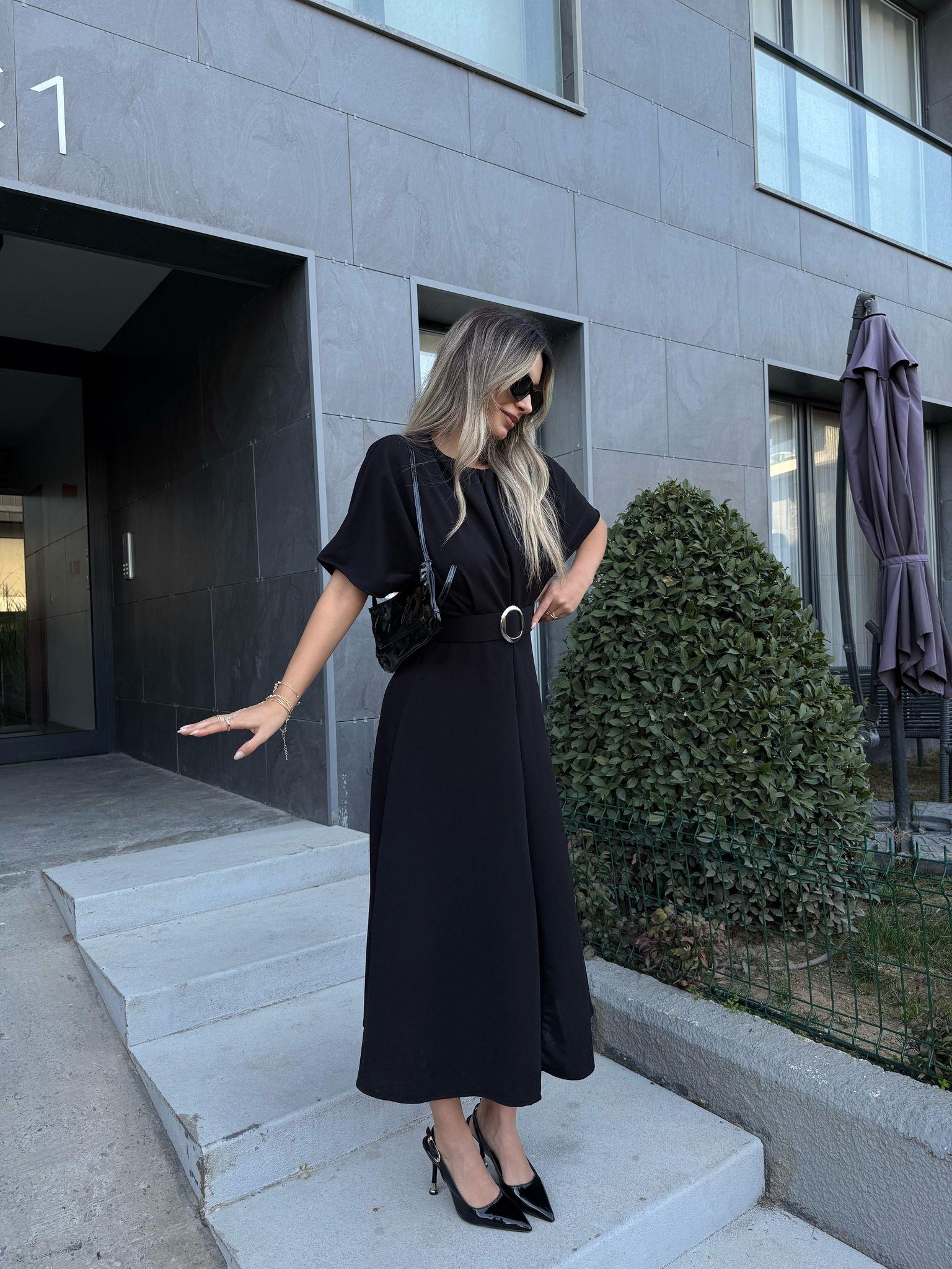 Zelia Beli Pensli Kısa Kol Yırtmaçlı Elbise Siyahyelb2224grs