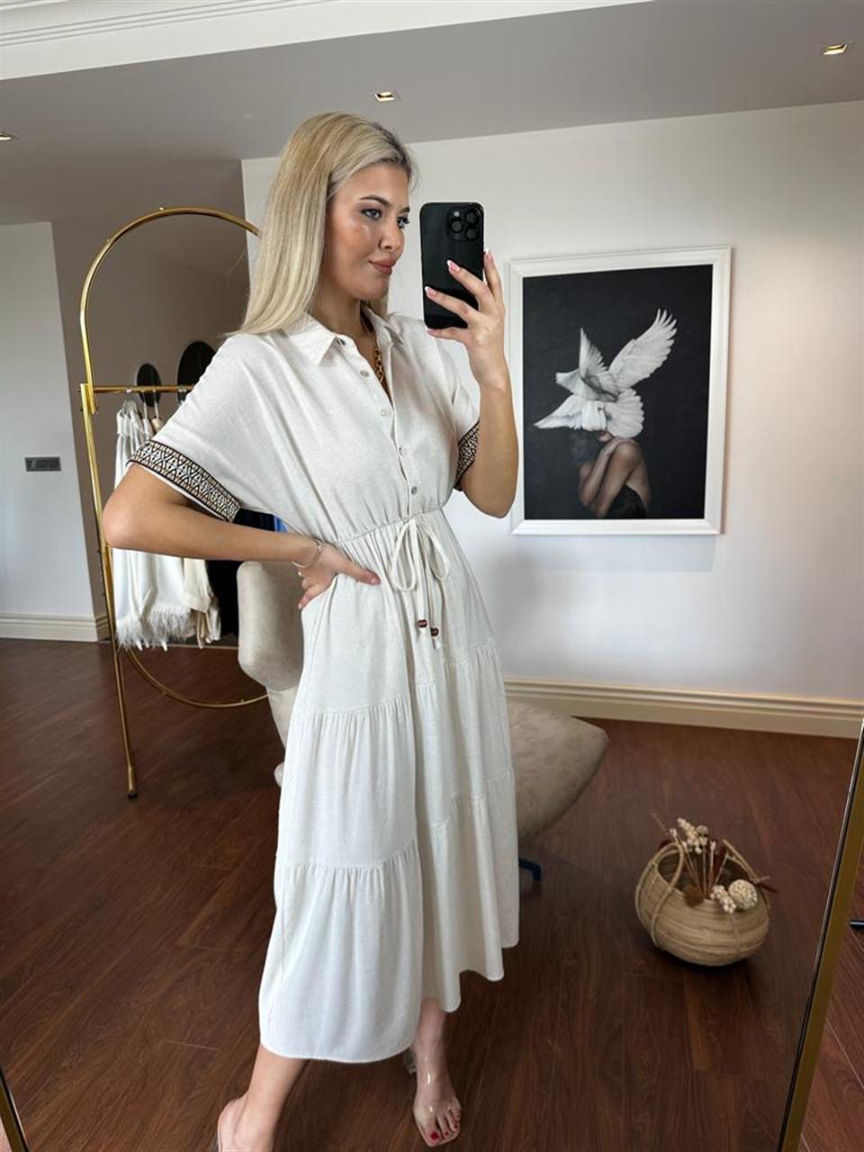 Zenia Keten Gömlek Elbise Krem 0804118