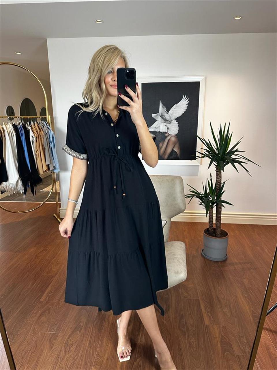 Zenia Keten Gömlek Elbise Siyah 0804118