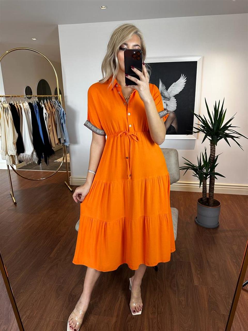 Zenia Keten Gömlek Elbise Turuncu 0804118