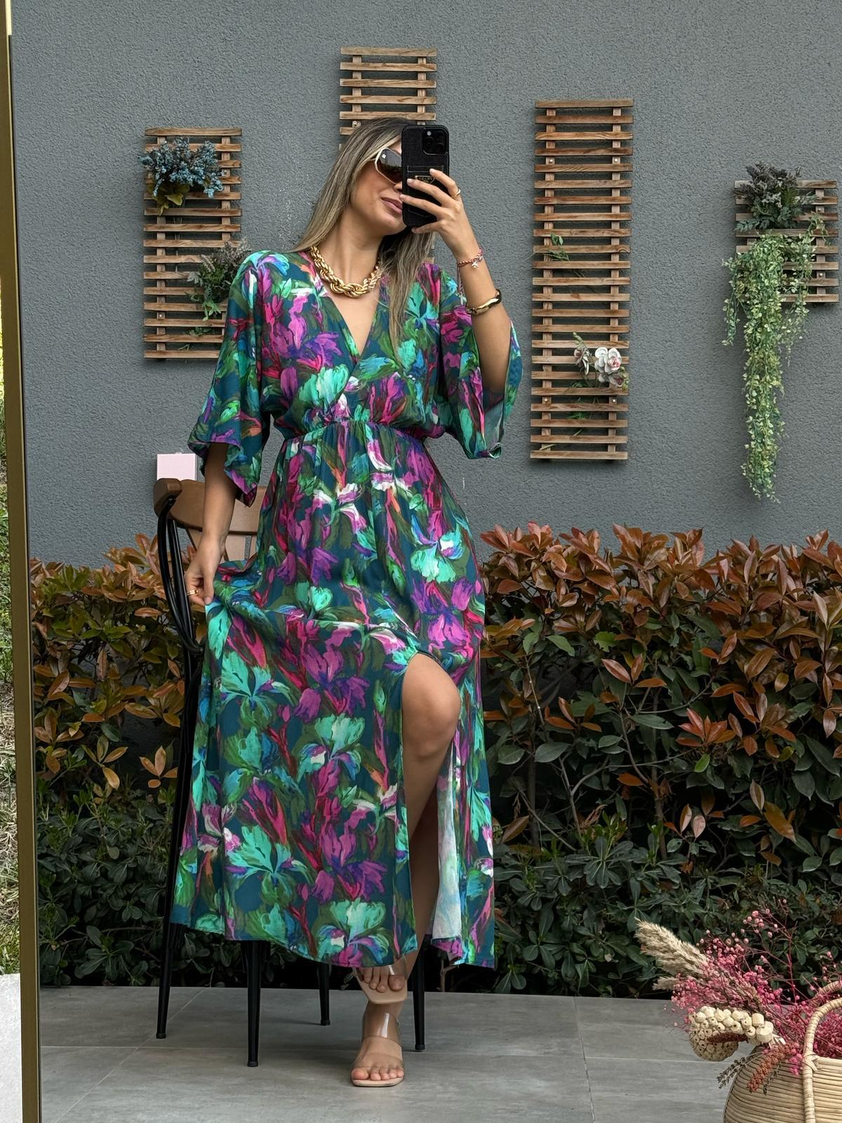 Zenya Orkide Desen Yeşil Elbise1707308