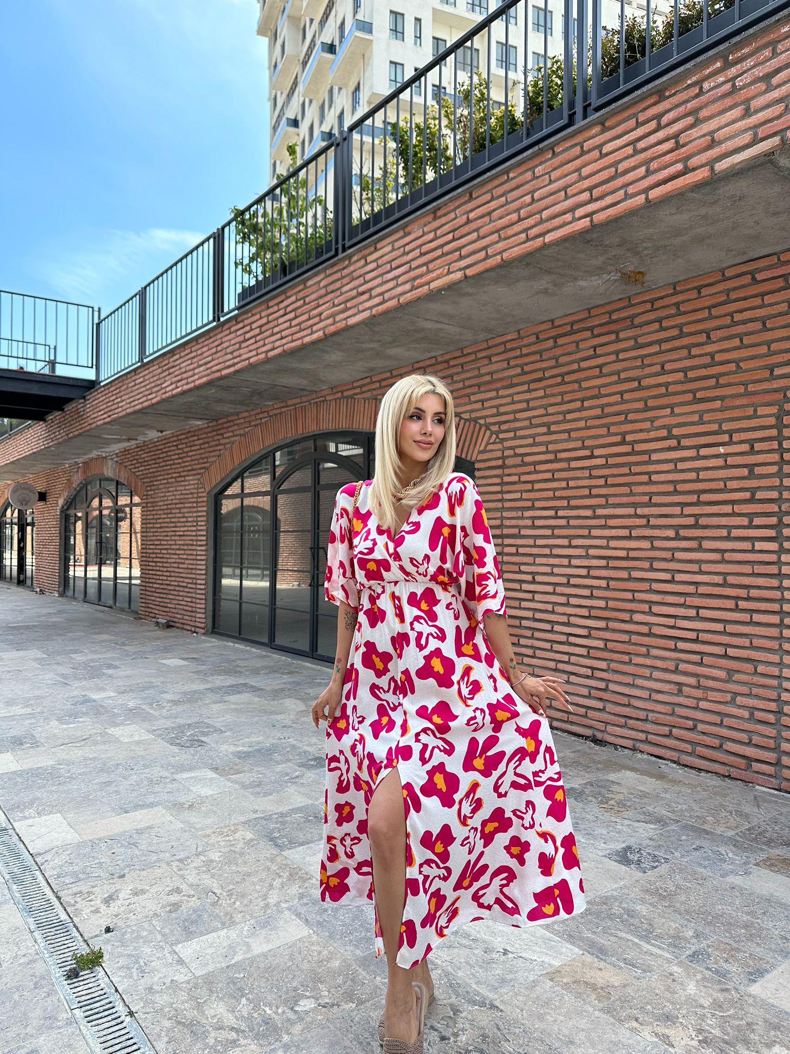 Zenya Pembe Çiçek Desenli Viskon Elbise 1707308