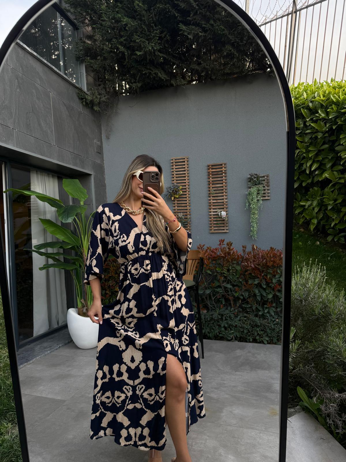 Zenya Peru Desen Viskon Lacivert Elbise1707308