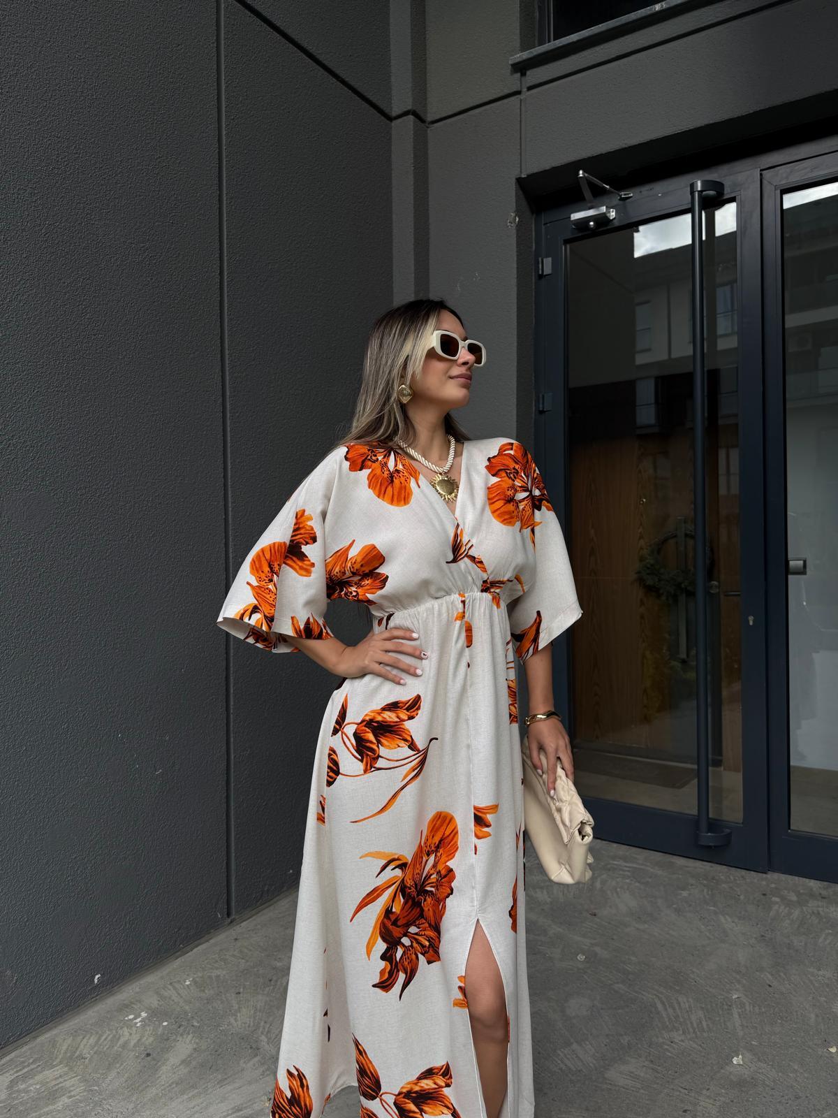 Zenya Turuncu Çiçekli Keten Elbise 1707308