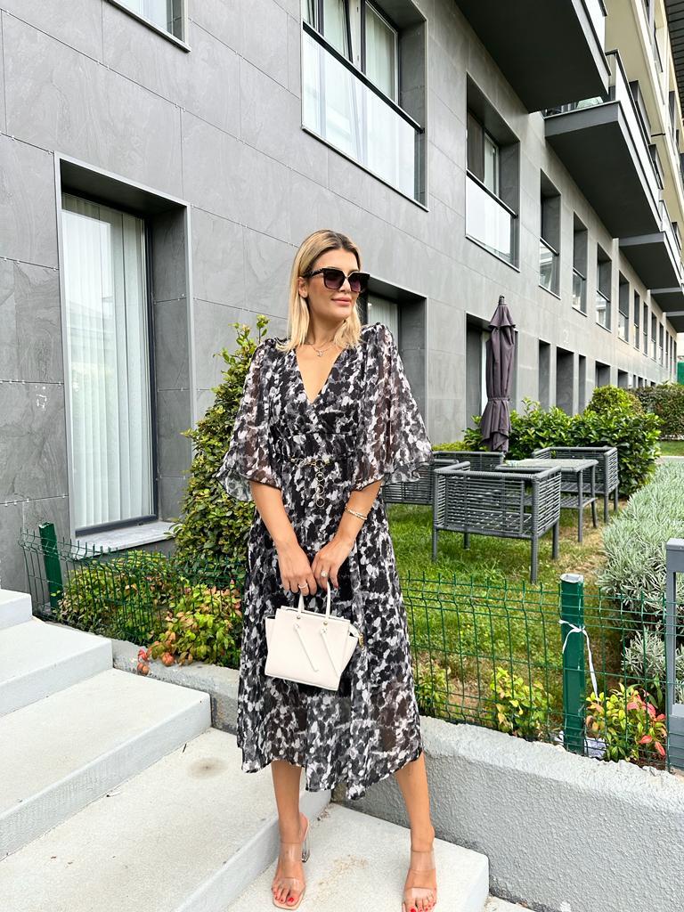 Zincir Kemerli Alaca Şifon Elbise Siyah 1707348