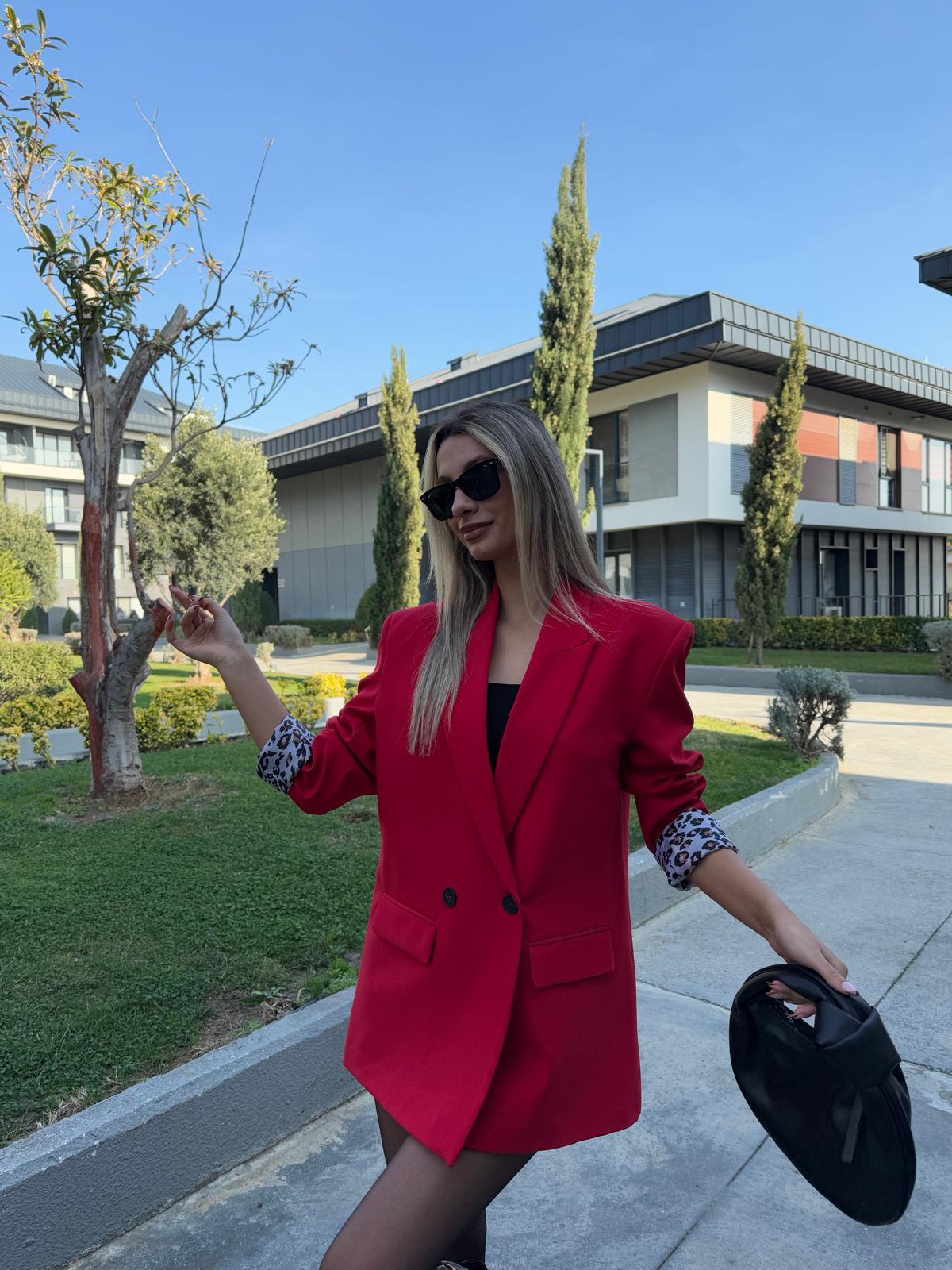 Zr Leopar Astarlı Blazer Ceket Kırmızı bckt2074rvd