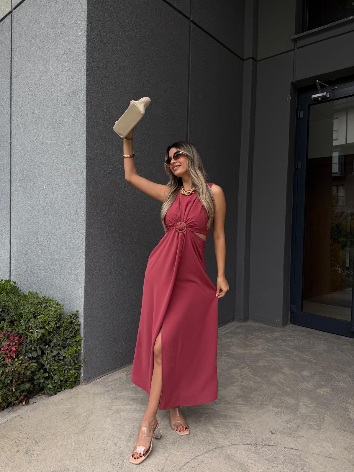 Zr Model Hasır Tokalı Bel Dekolteli Elbise Gül Kurusuyelb3007ny