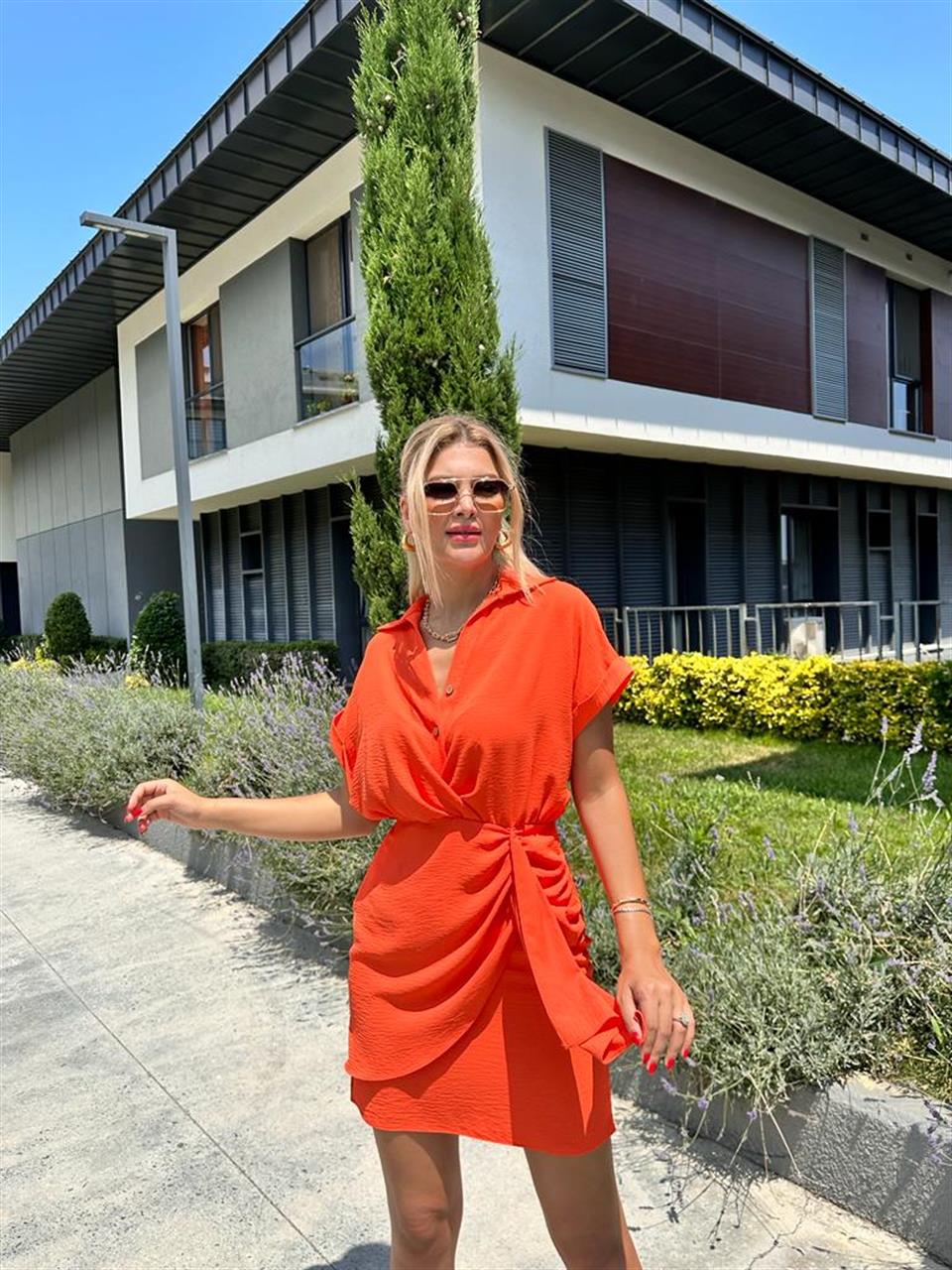 Zra Fularlı Drape Elbise Oranj 0707276