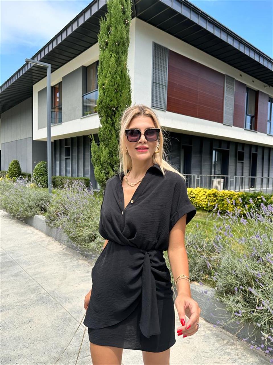 Zra Fularlı Drape Elbise Siyah 0707276