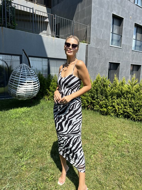 İp Askı Astarlı Zebra Desenli Elbise