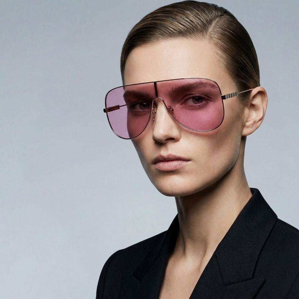 Gucci GG1436S 004 99-1 Kadın Pembe Mat Camlı Altın Metal Geometrik Güneş Gözlüğü
