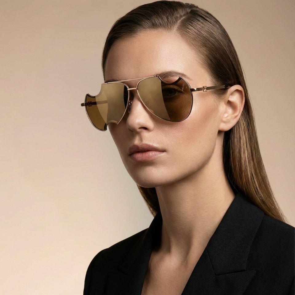Off-White OERI071 7676 62-11 Kadın Güneş Gözlüğü – Altın Geometrik Çerçeve & Kahverengi Aynalı Cam