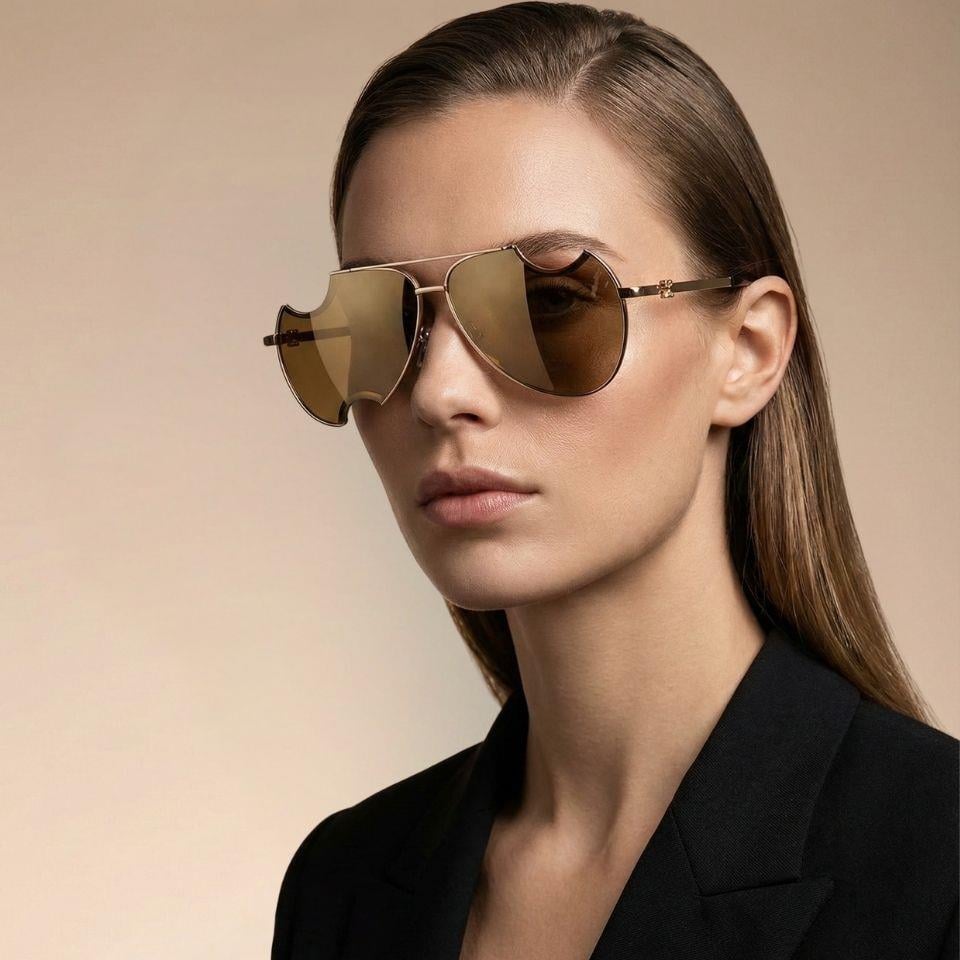 Off-White OERI071 7676 62-11 Kadın Güneş Gözlüğü – Altın Geometrik Çerçeve & Kahverengi Aynalı Cam