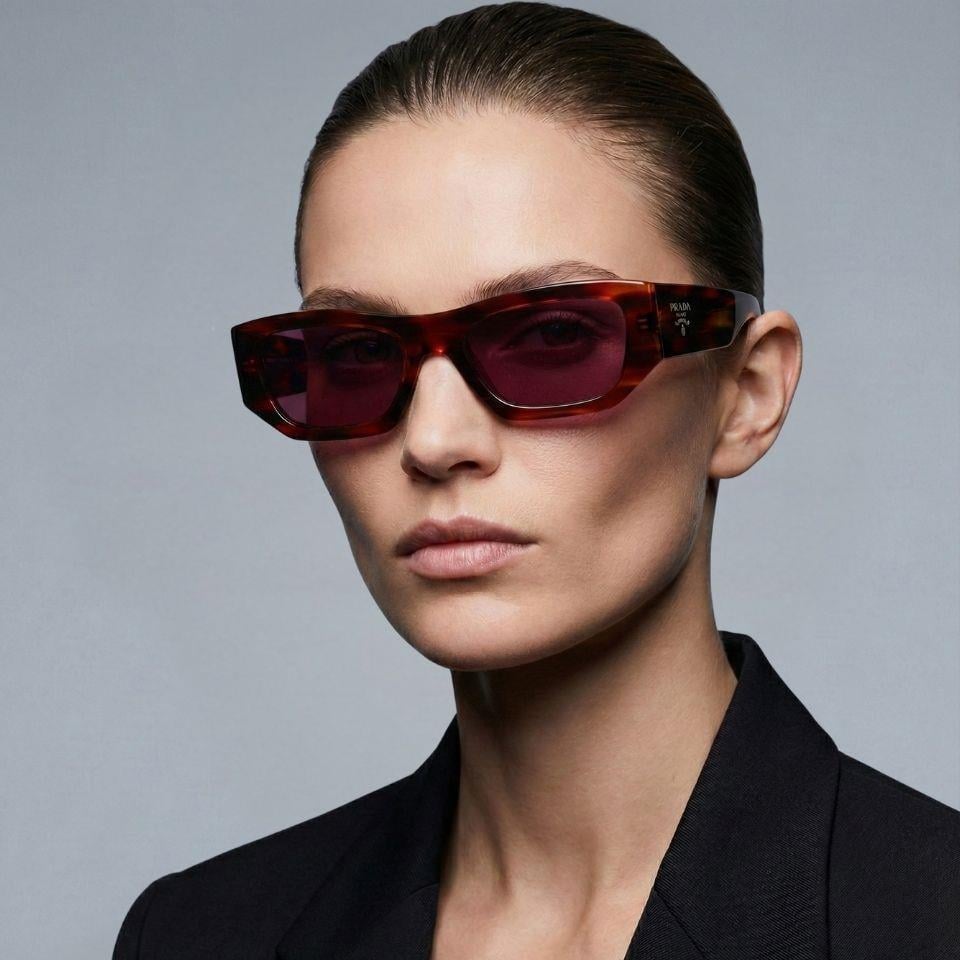 Prada A01 13O-80B 53-20 Kadın Güneş Gözlüğü – Kahverengi Asetat Çerçeveli, UV400 Mat Bordo Cam