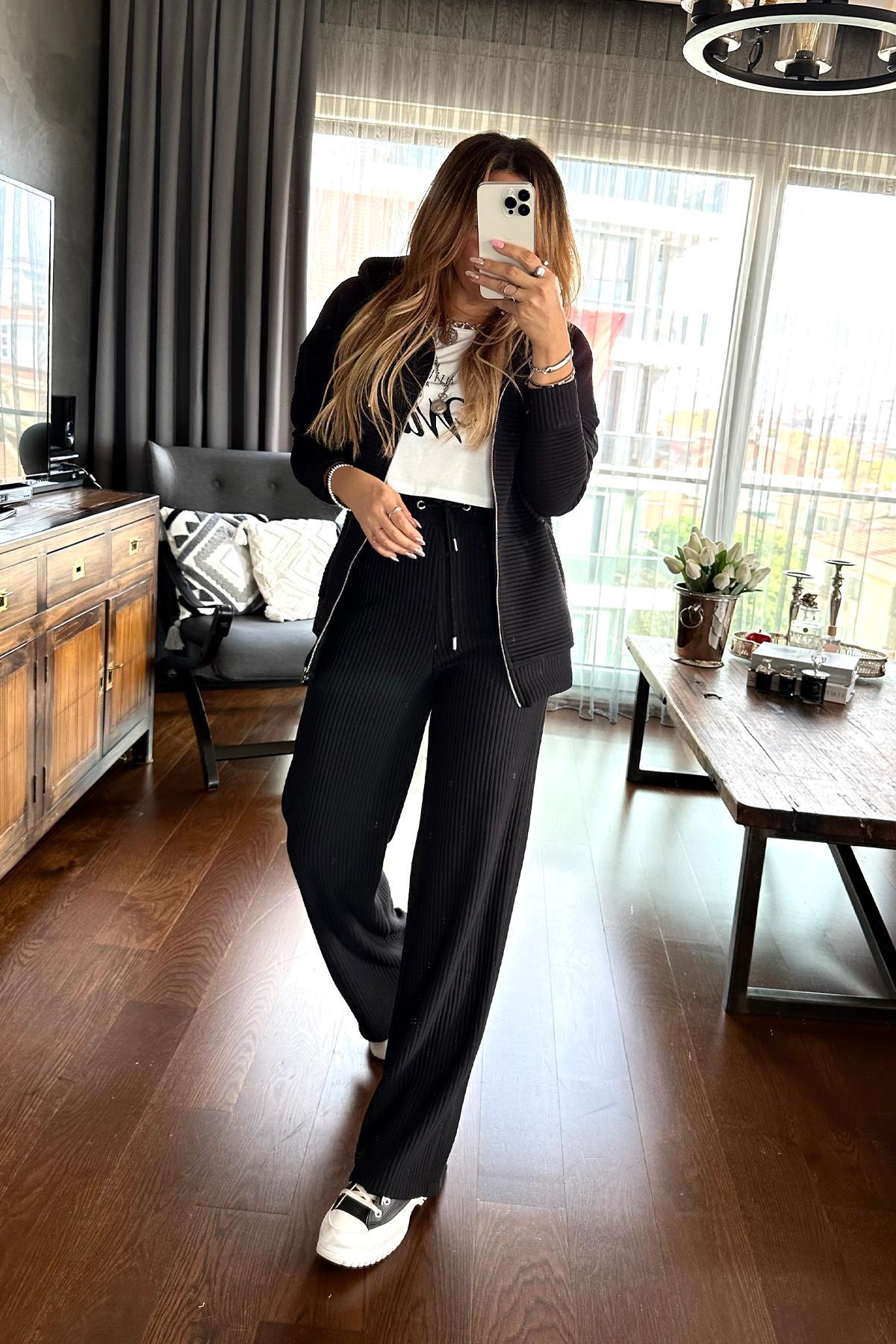 Akordion Dolum Sweat Kumaş Takım Siyah