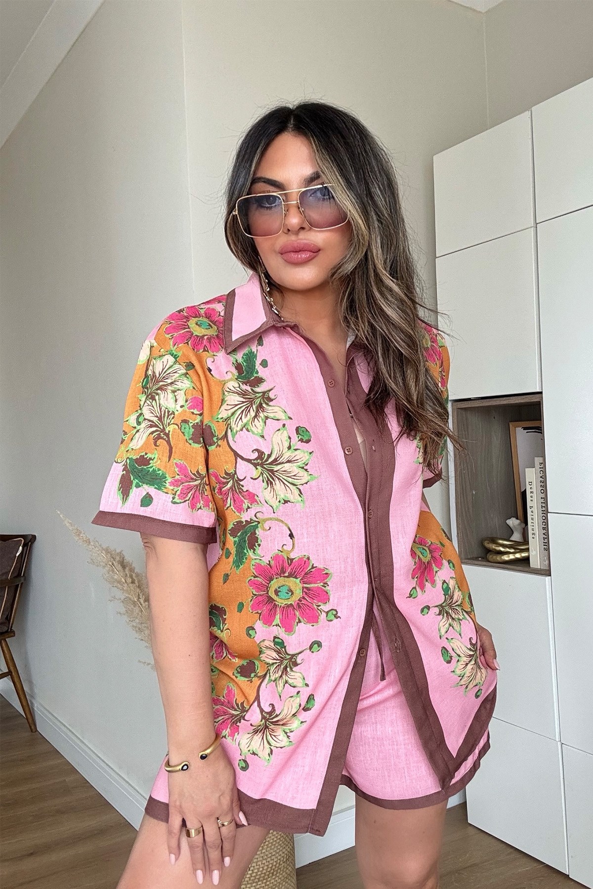 Alms Model Keten Şortlu Takım Pembe