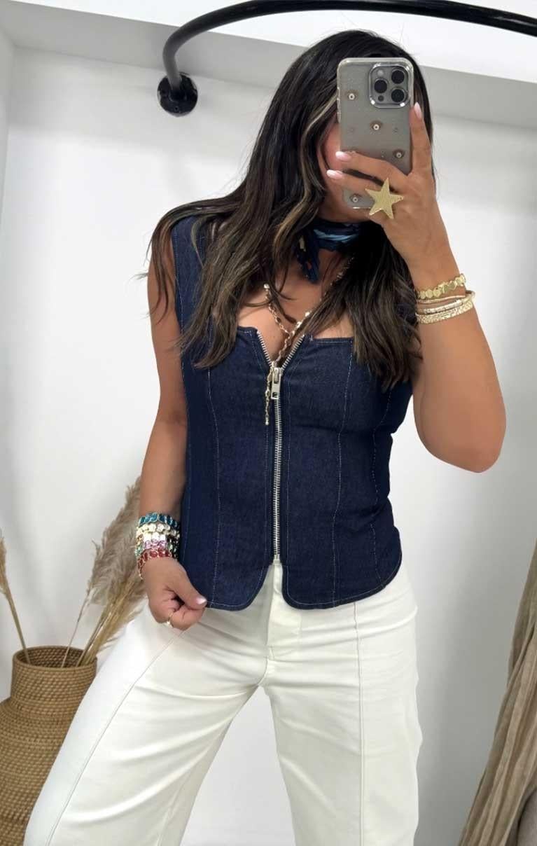 Askılı Korsajlı Jean Büstiyer Lacivert