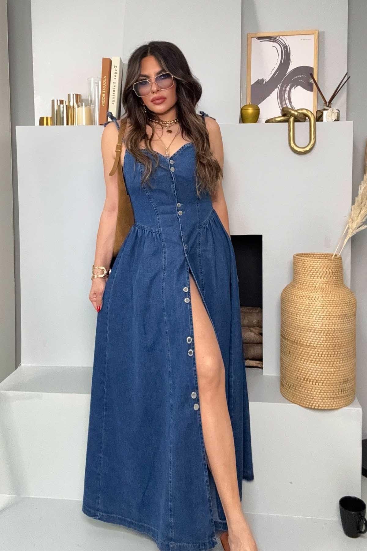 Askılı Korsajlı Jean Elbise Lacivert