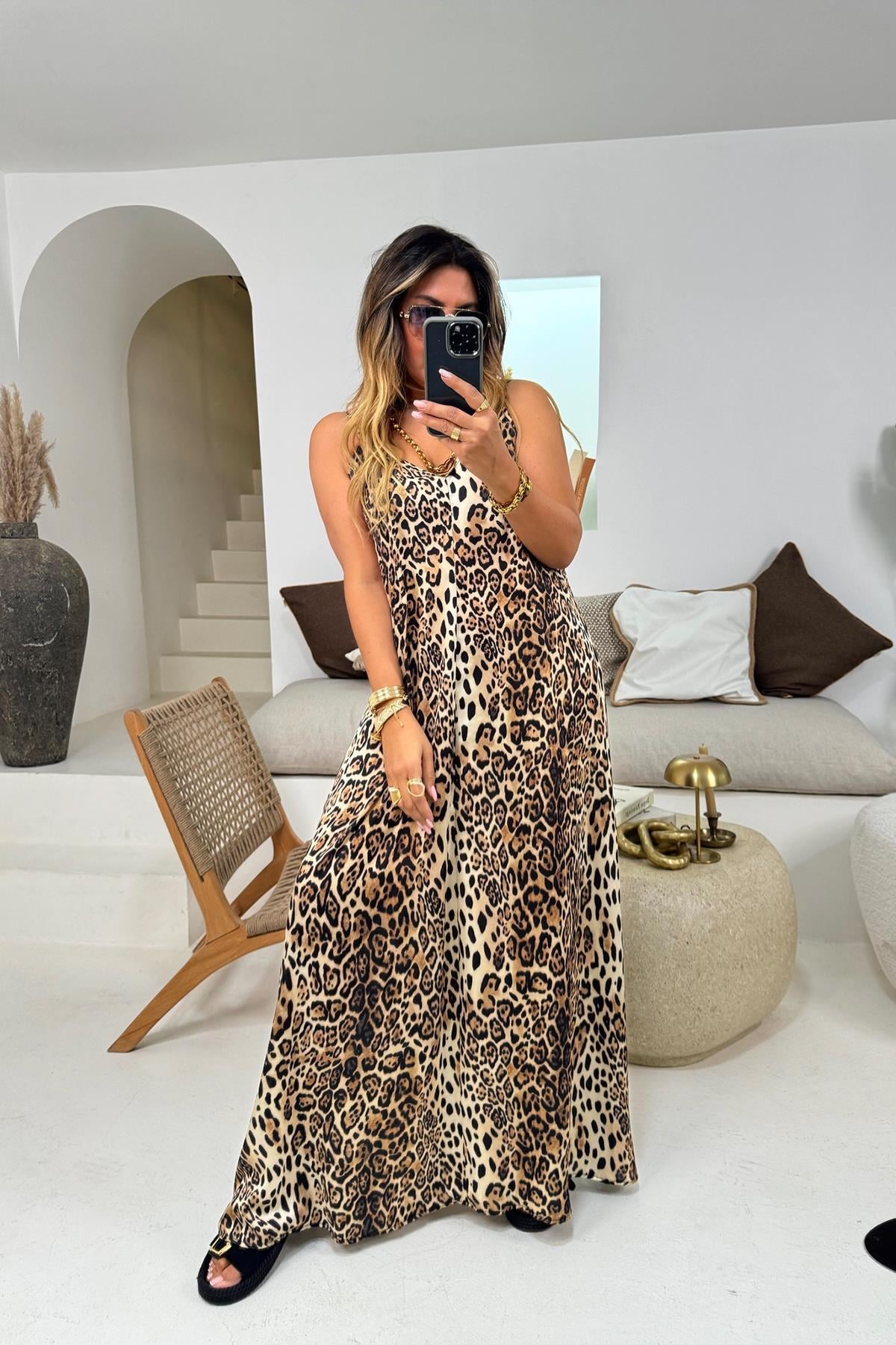 Askılı Uzun Saten Elbise Leopar