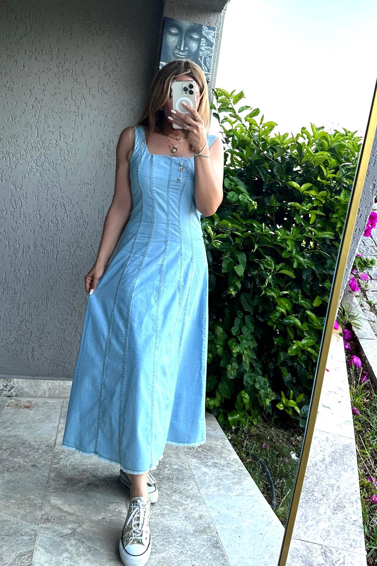 Askılı Yazlık Jean Elbise Mavi