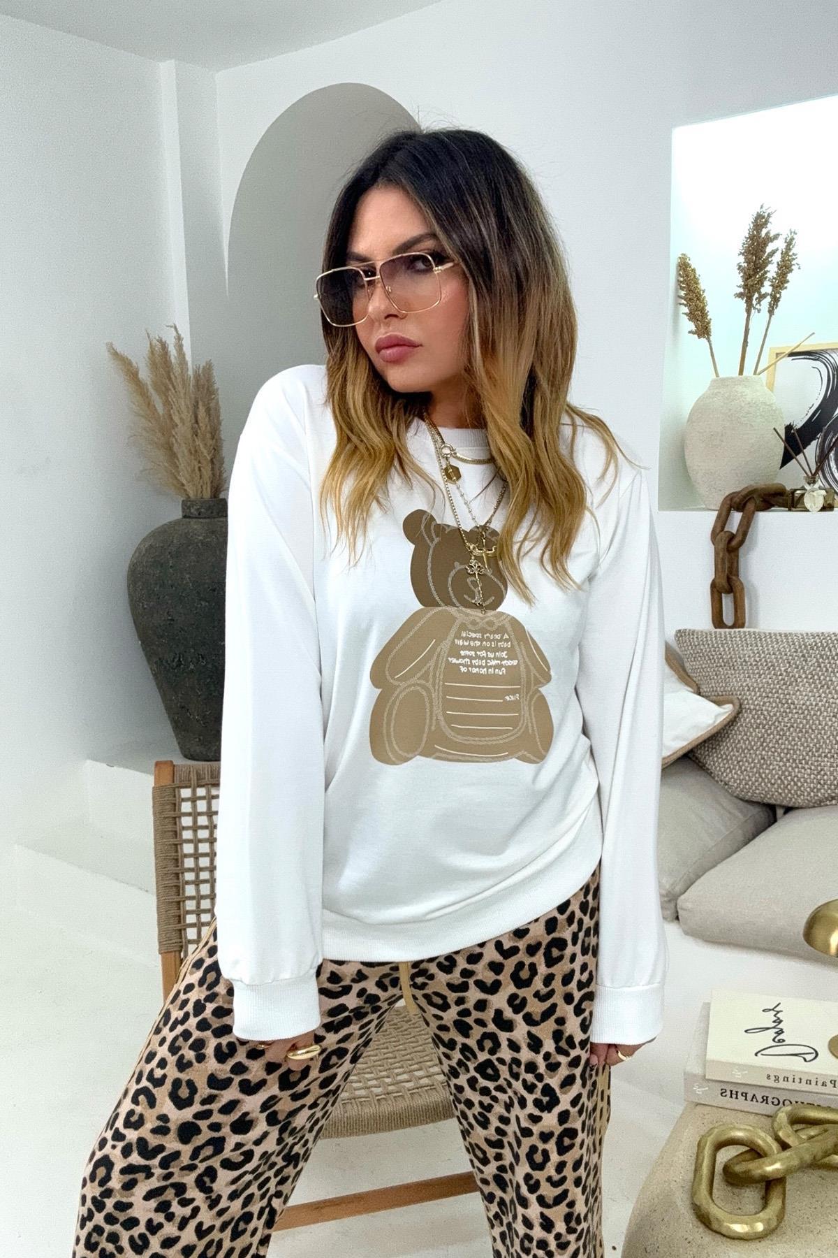 Ayıcıklı Sweatshirt Ekru