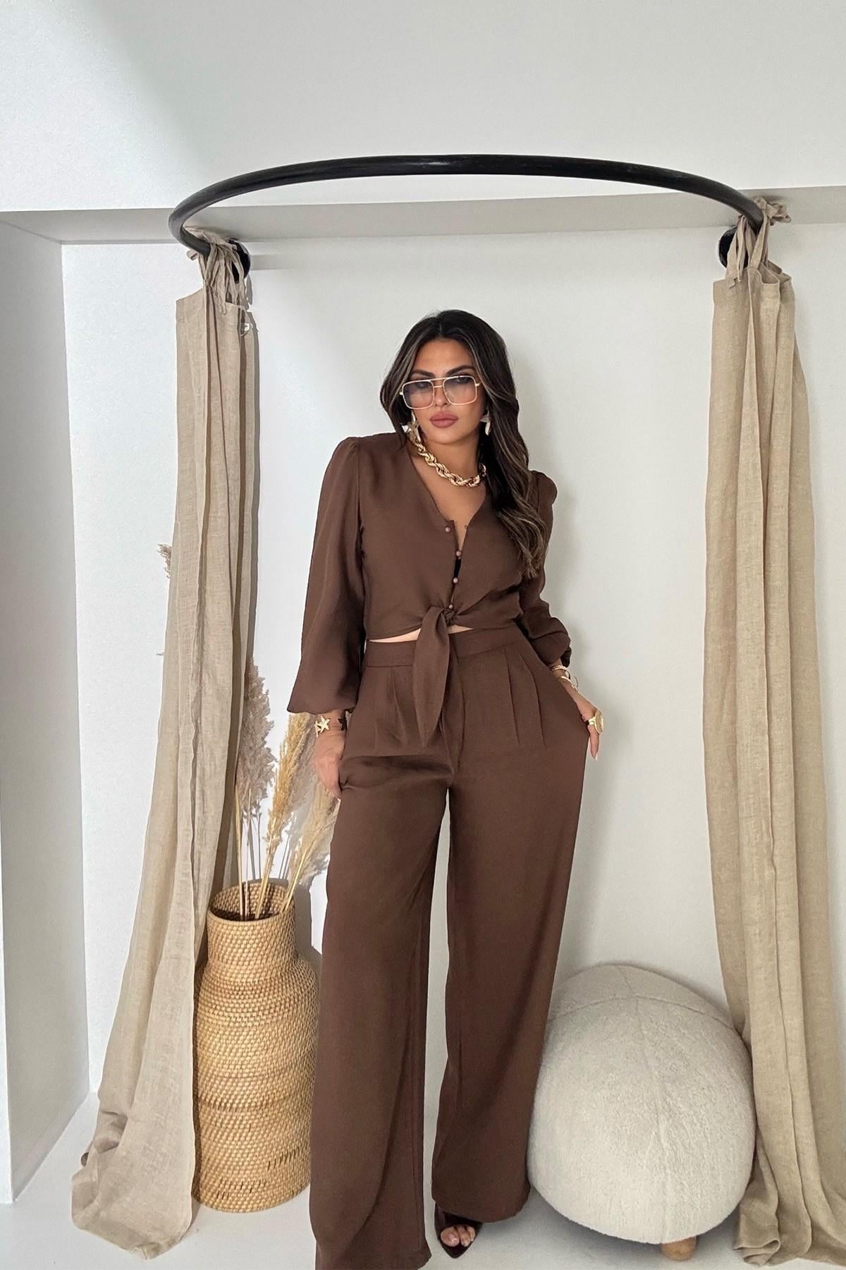 Bağlamalı Karpuz Kol Crop Pantolon Takım Acı Kahve