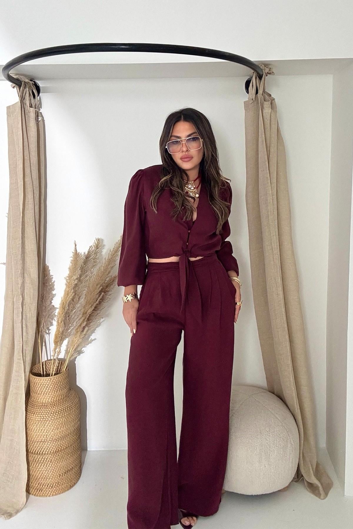 Bağlamalı Karpuz Kol Crop Pantolon Takım Bordo