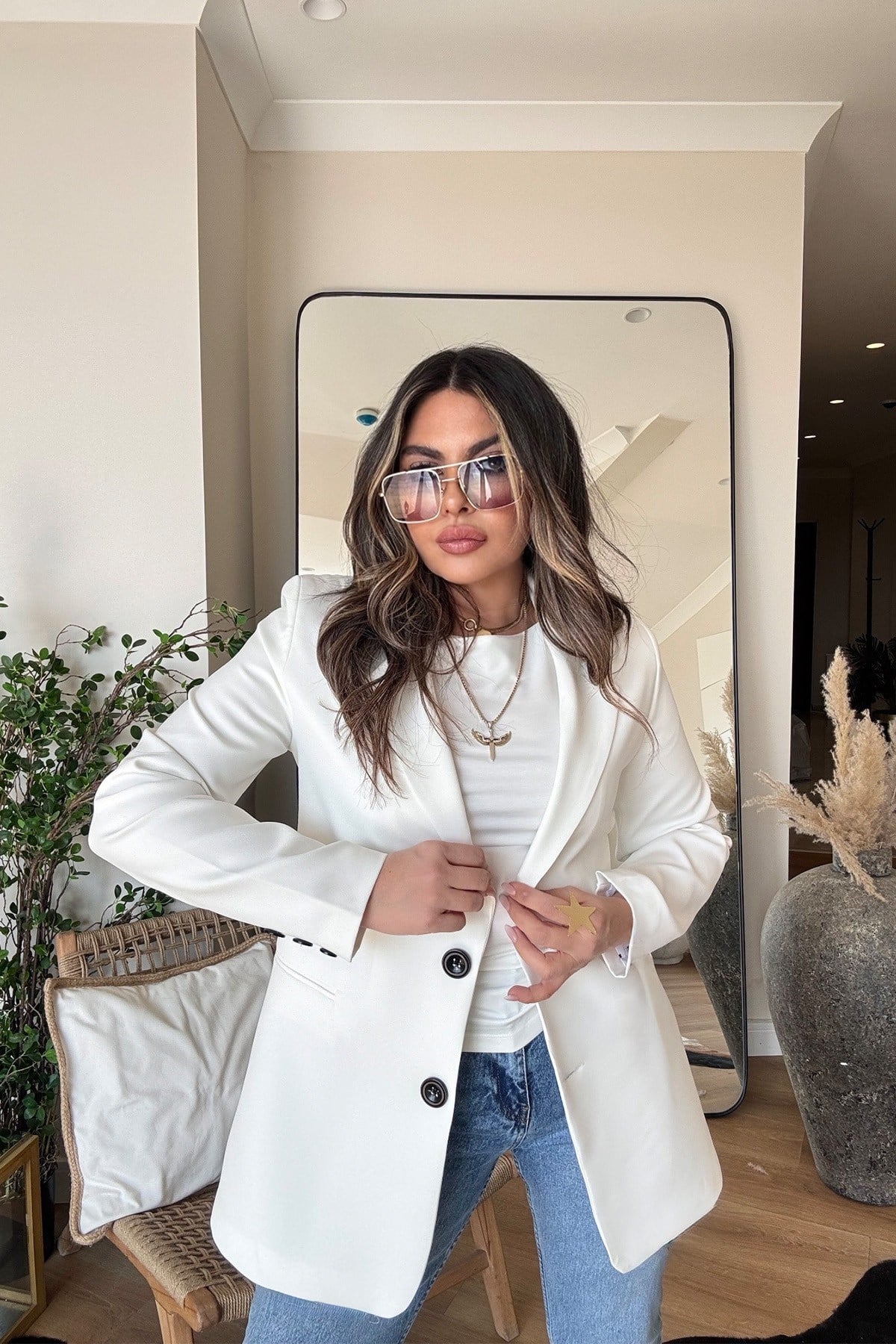 Basic İki Düğme Blazer Ceket Ekru