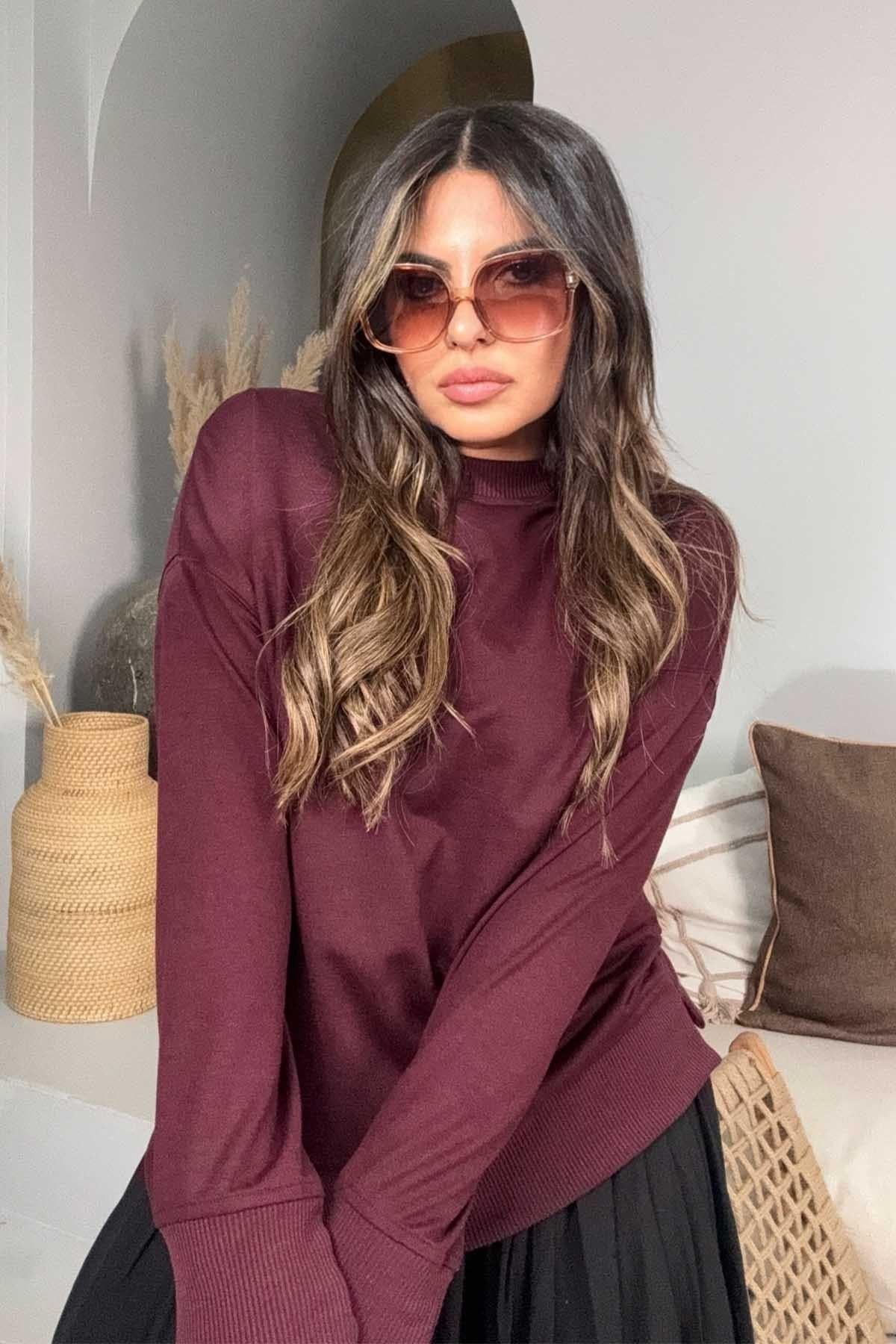 Basic Mini Yan Yırtmaçlı Sweatshirt Bordo