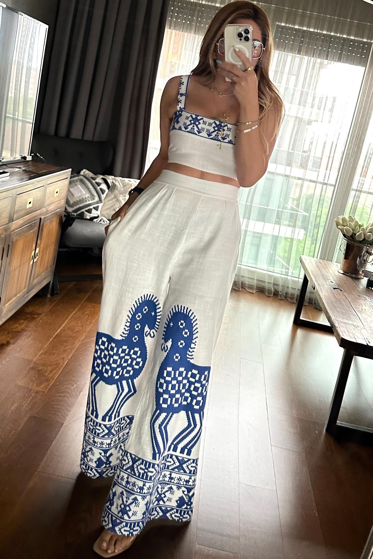 Baskılı Büstiyer Pantolon Takım Ekru