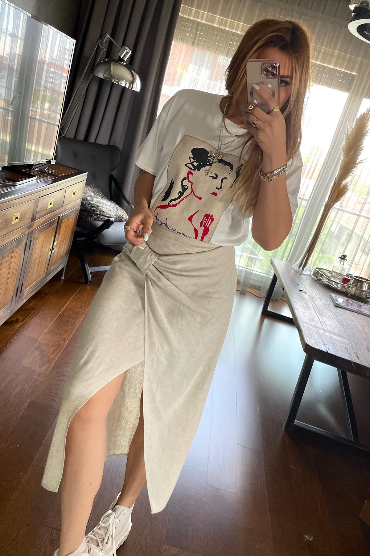 Baskılı Keten Kumaş Aplike Tshirt Ekru