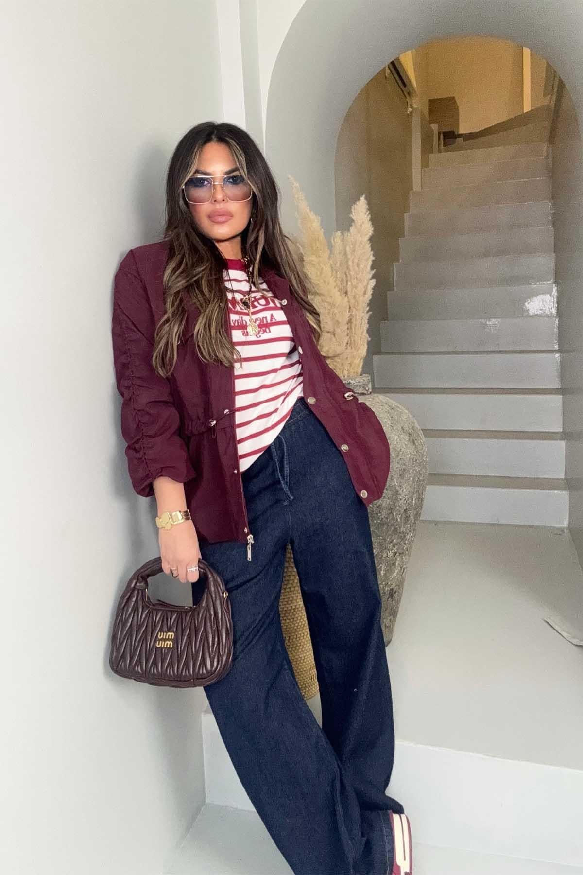 Belden Büzgülü Rüzgarlık Ceket Bordo