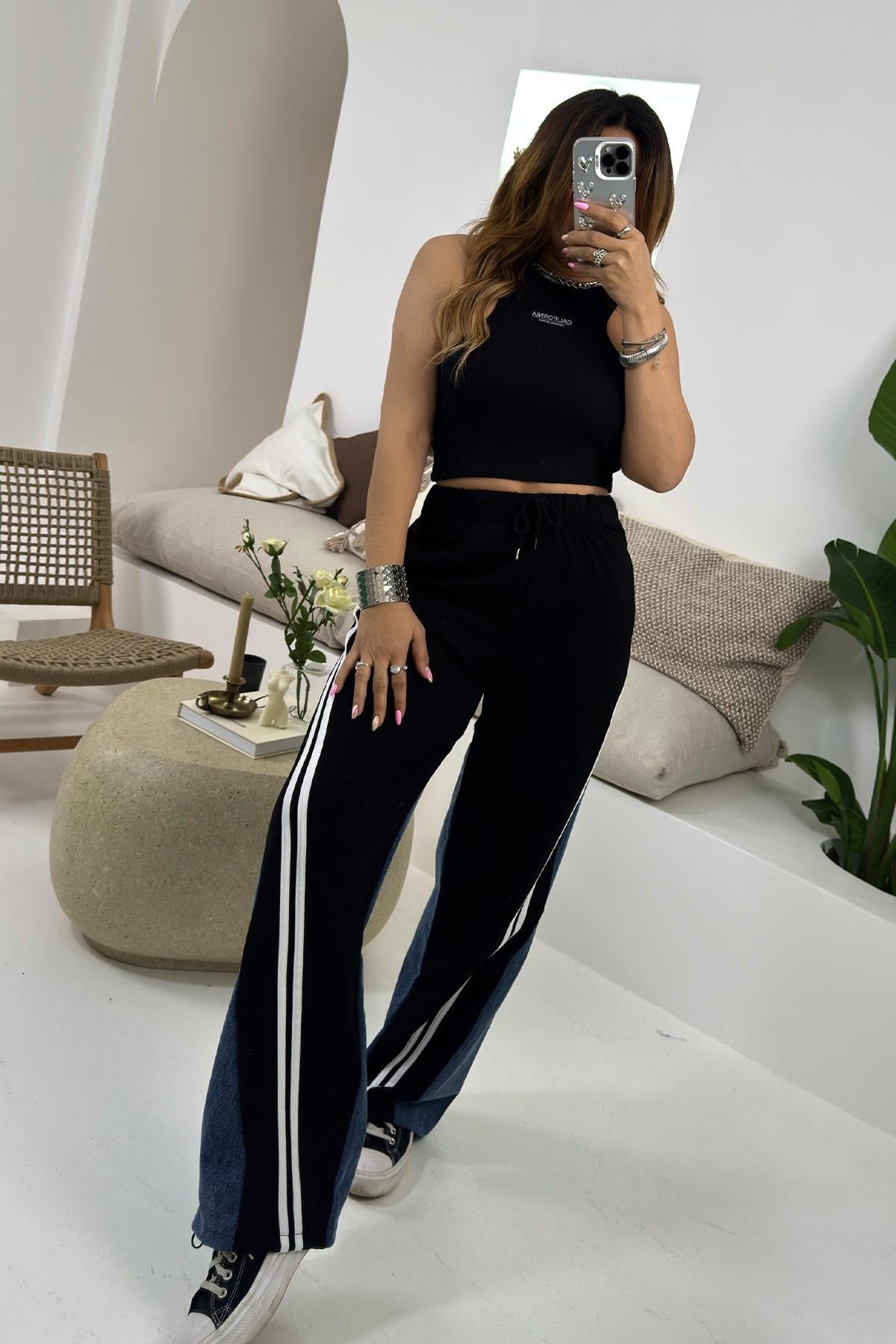 Beli Lastikli Jean Karışımlı Pantolon Siyah-Mavi