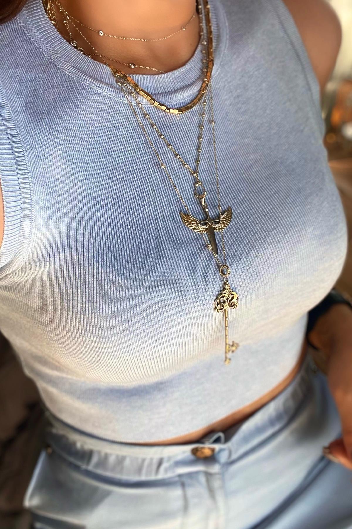 Bisiklet Yaka Kolsuz Crop Triko Kazak Bebe Mavi
