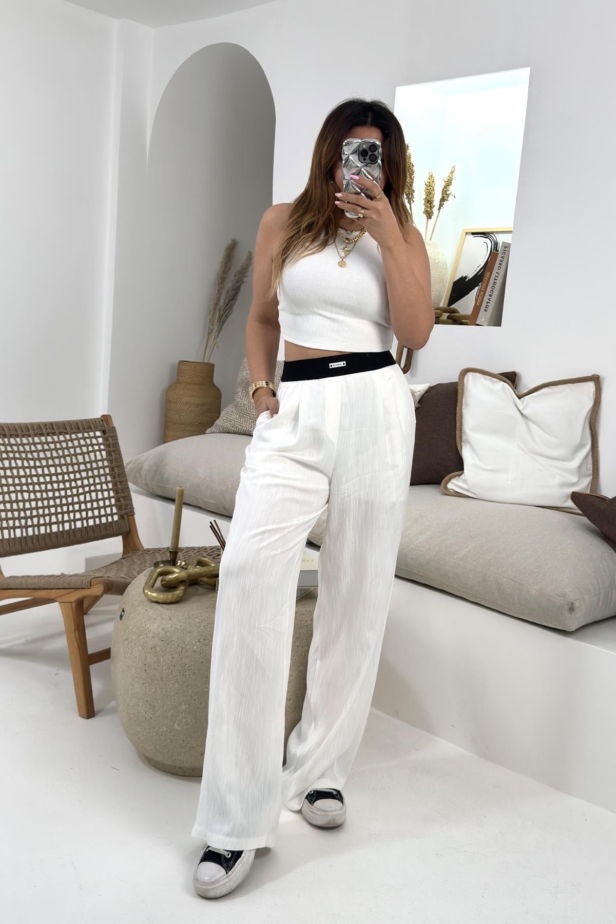 Boxer Model Krinkle Kumaş Pantolon Ekru