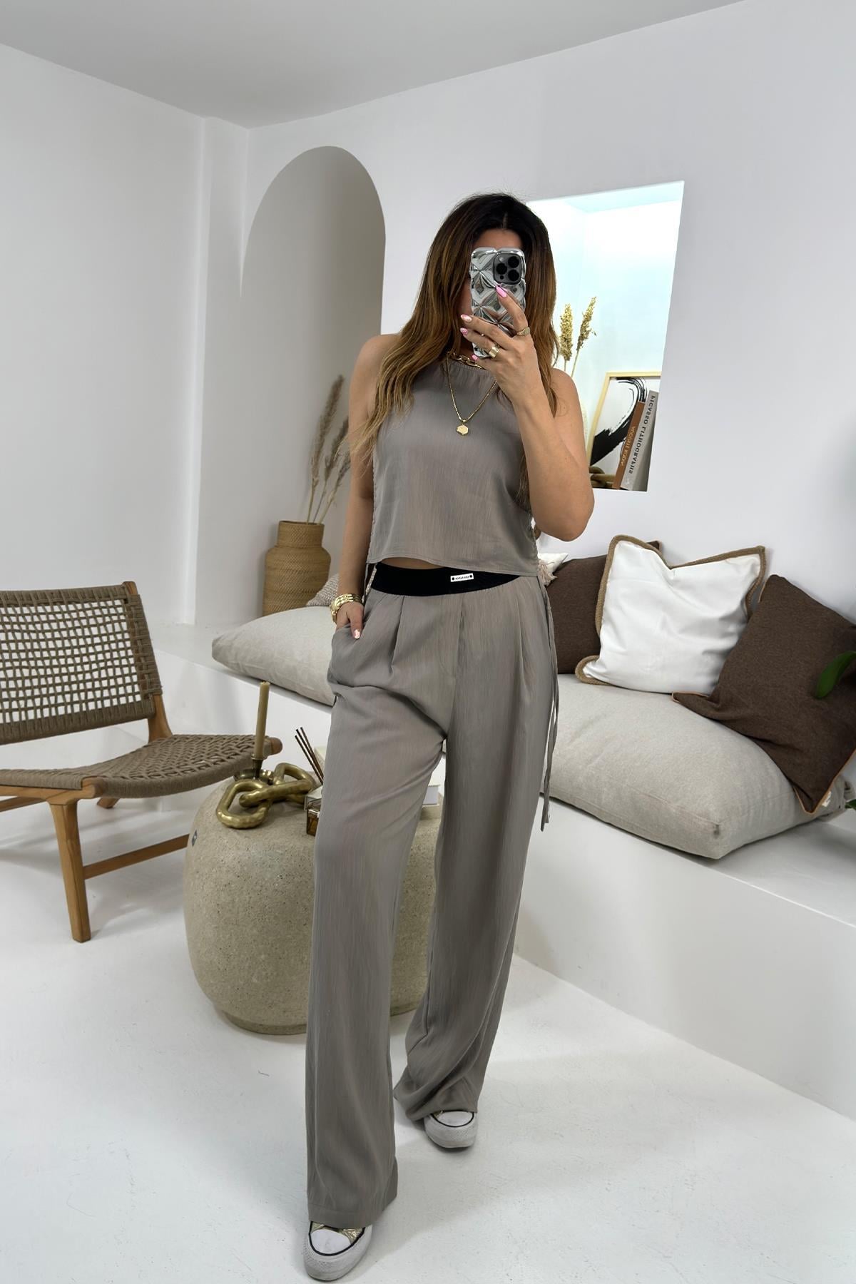 Boxer Model Krinkle Kumaş Pantolon Vizon