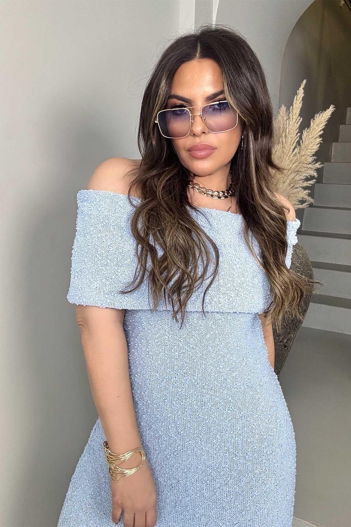 Buklet Efekt Triko Madonna Yaka Elbise Açık Mavi