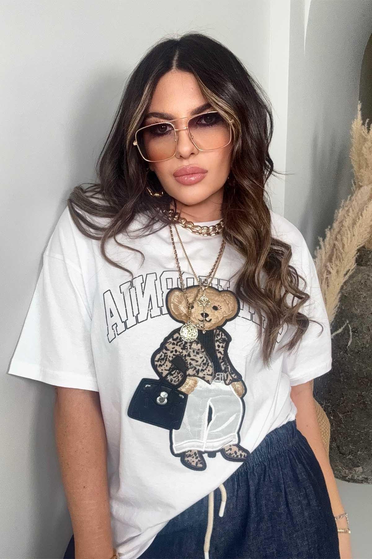 California Teddy İşleme Tshirt Beyaz