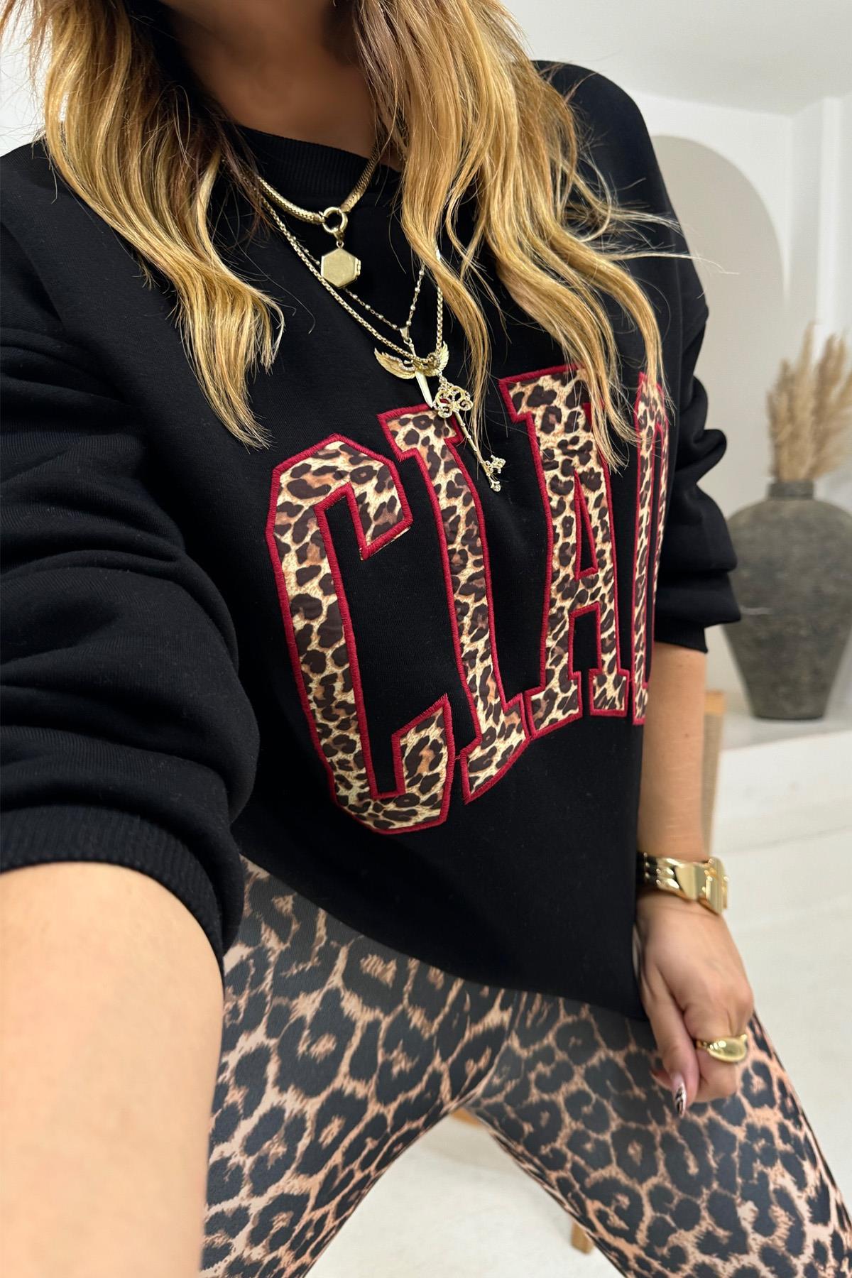 Ciao Leopar Yazı Apikeli Sweatshirt Siyah
