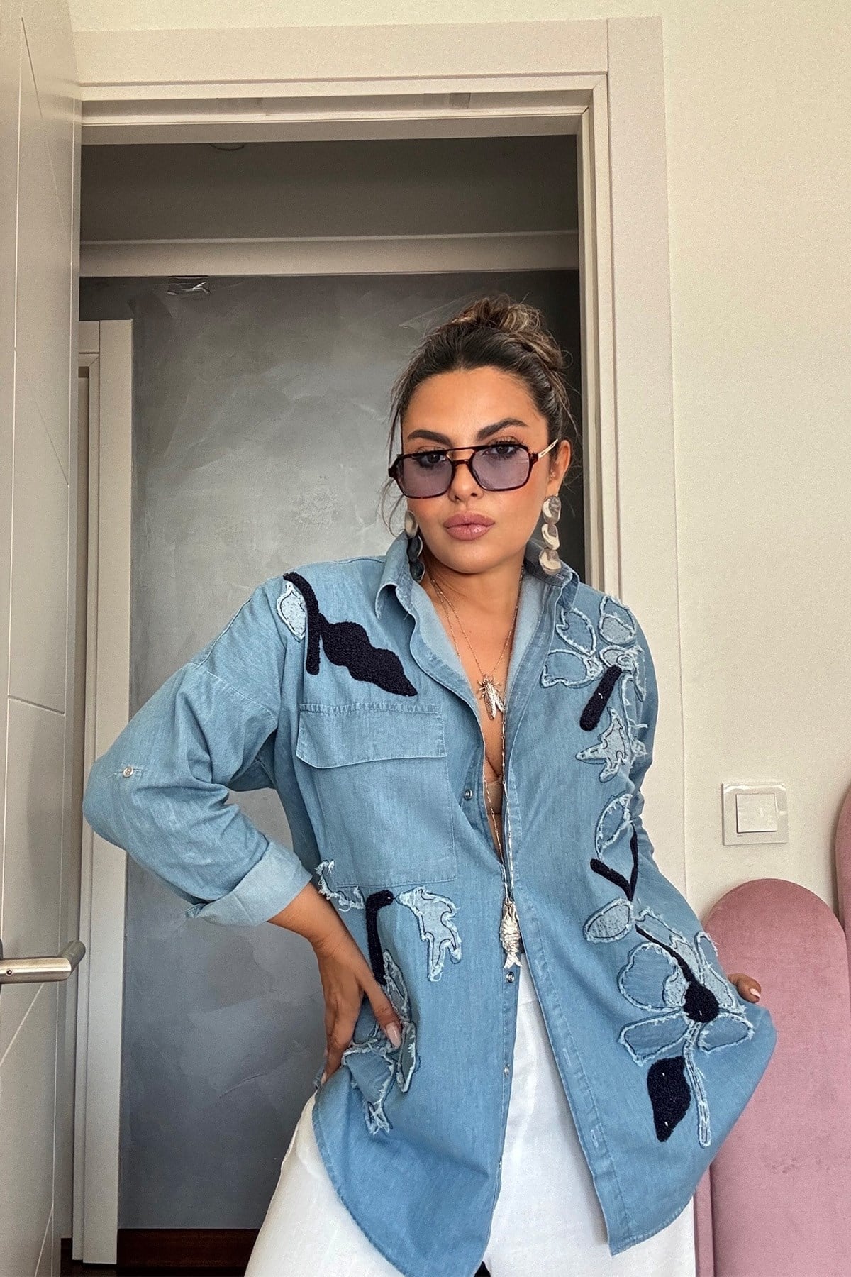 Çiçek Desenli Tencel Jean Gömlek Mavi