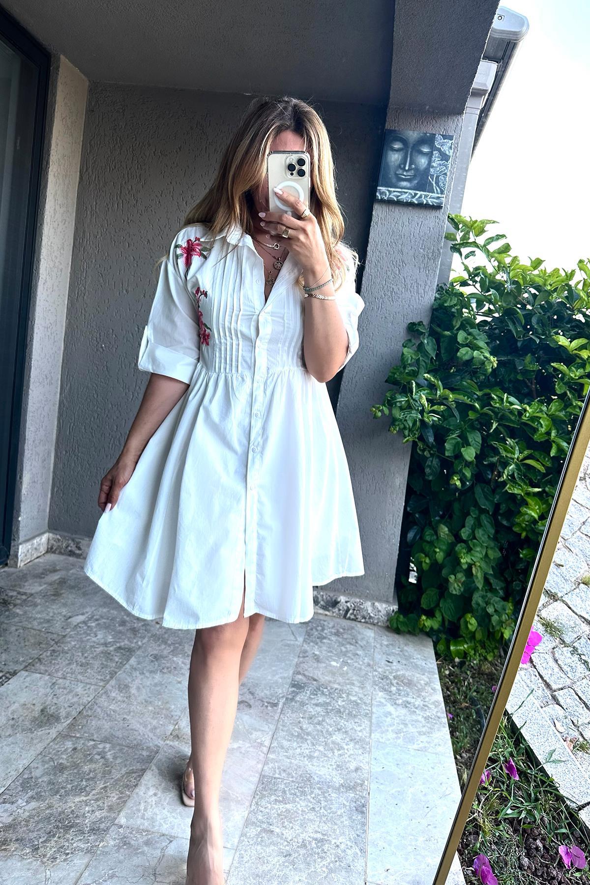 Çiçek İşleme Elbise Ekru