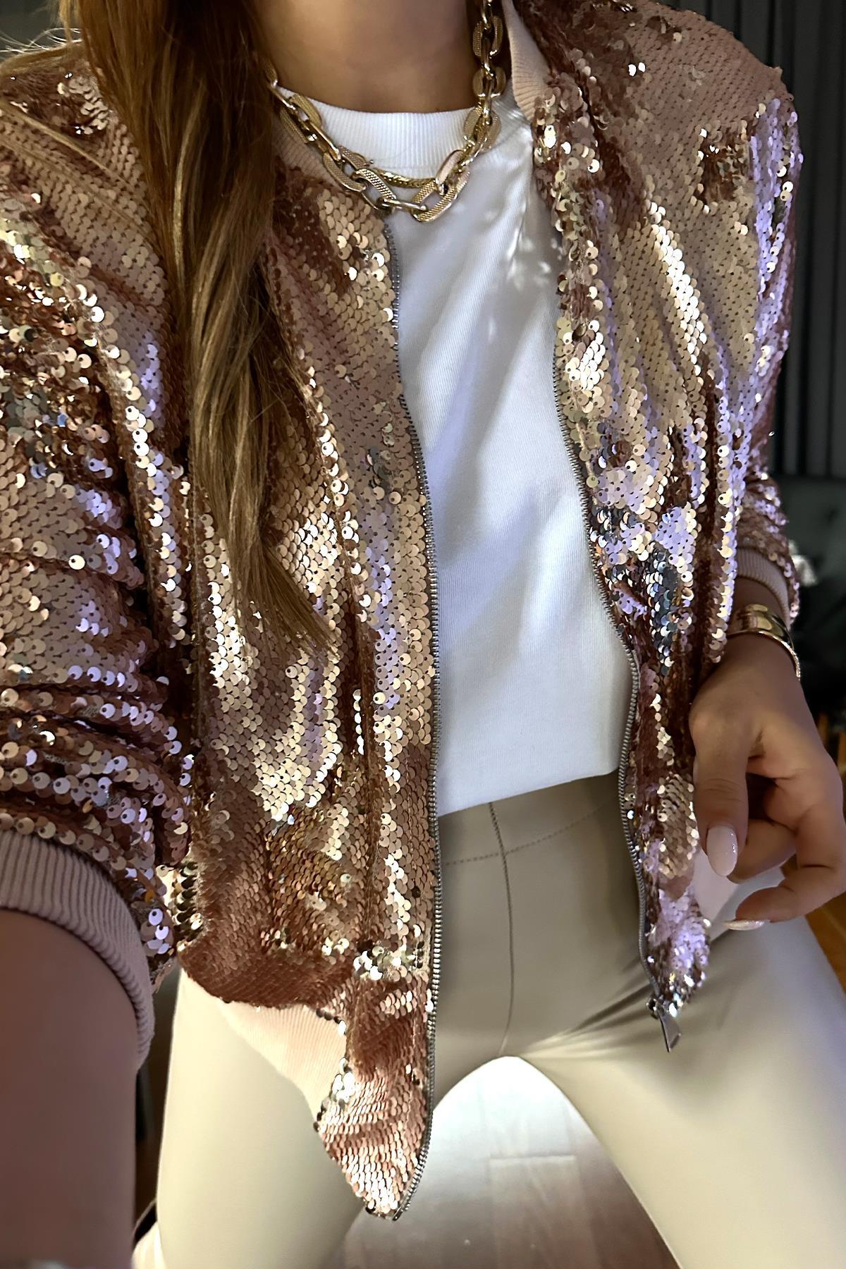 Çift Renk Payetli Bomber Ceket Gold-Rose
