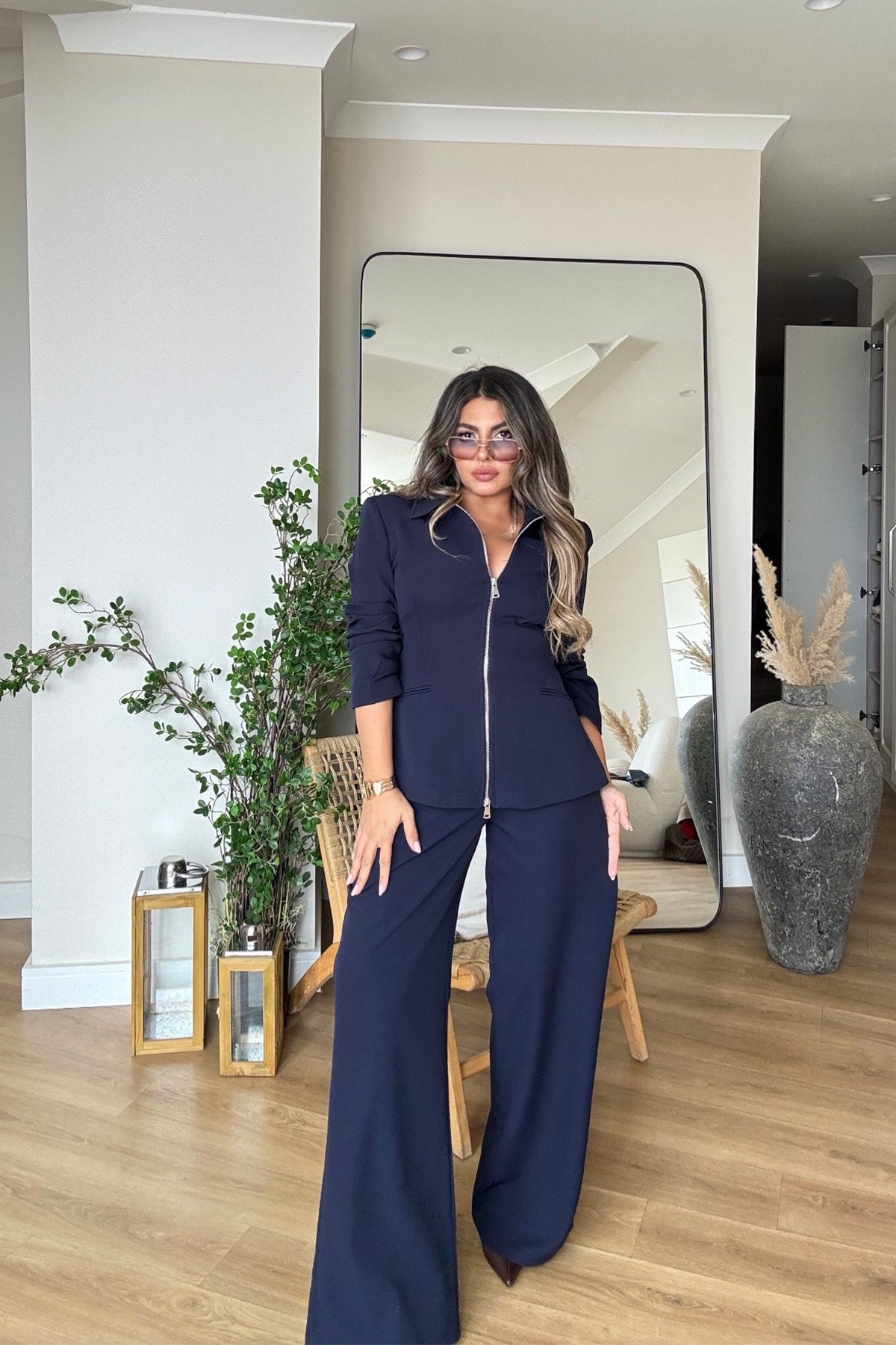 Çift Yön Fermuarlı Blazer Ceket Takım Lacivert