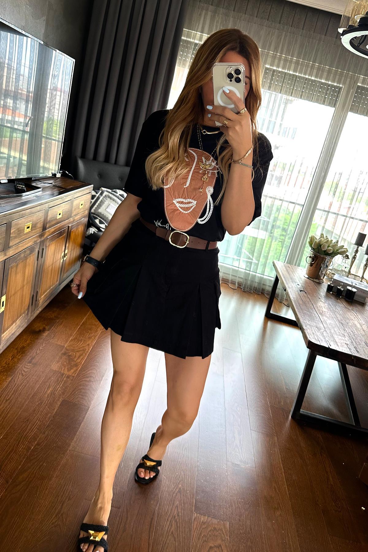 Çizgi Kadın Tshirt Siyah