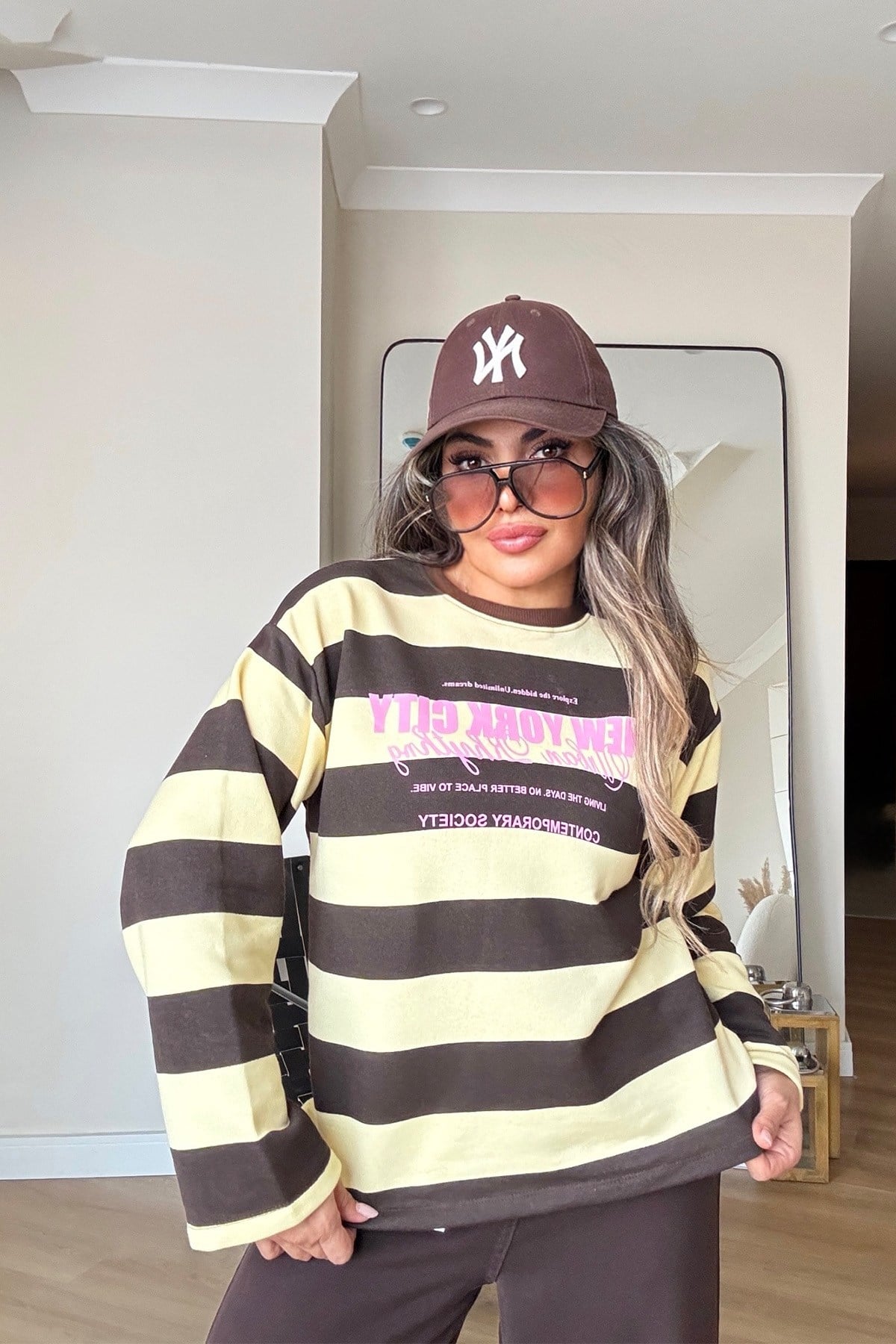 Çizgili Newyork İnce Sweat kahve-sarı