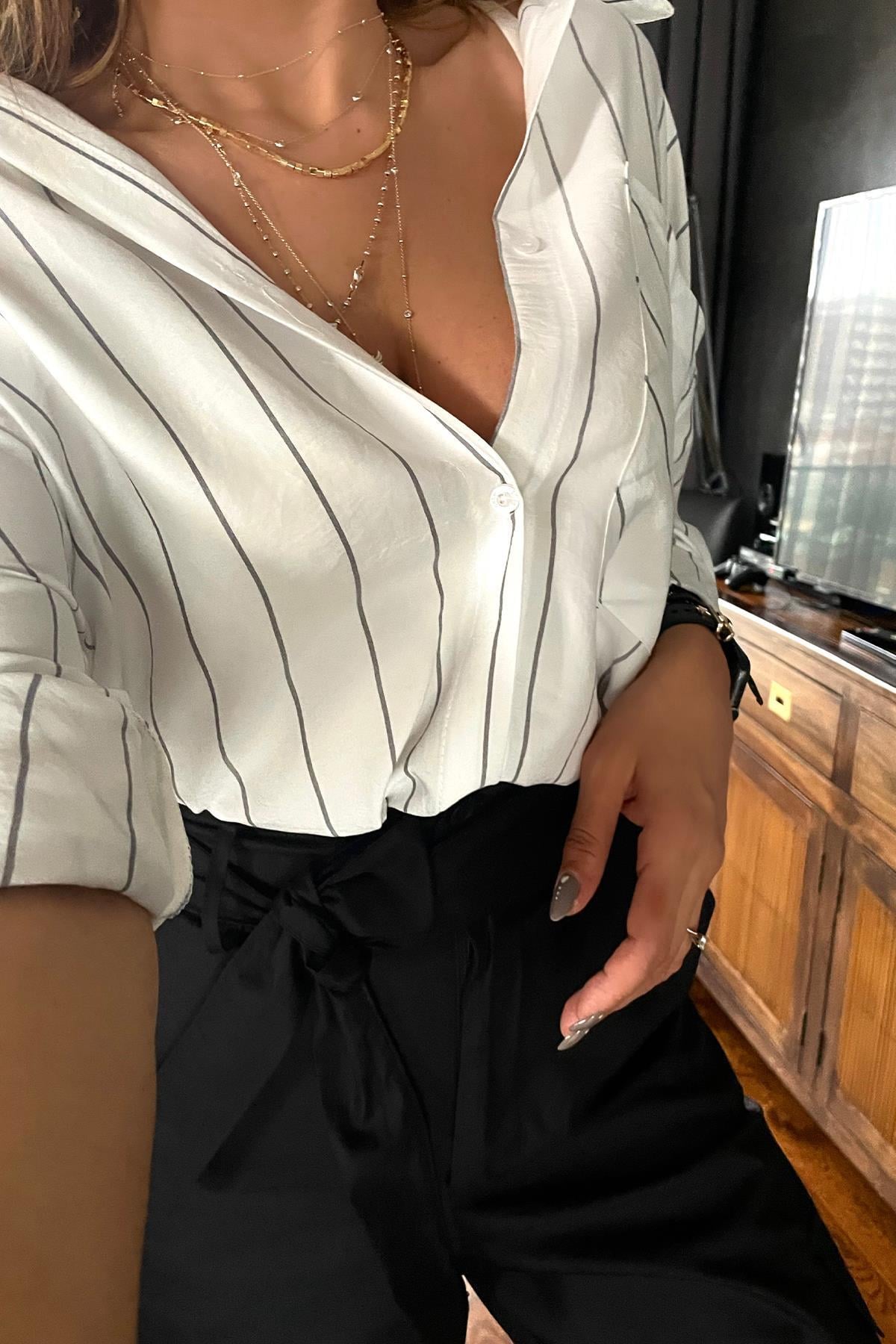 Çizgili Oversize Gömlek Ekru