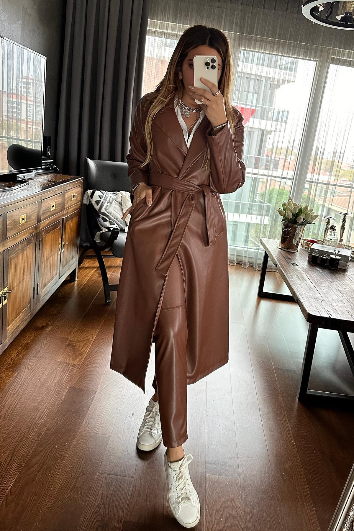 Deri Kuşaklı Trenchcoat Taba